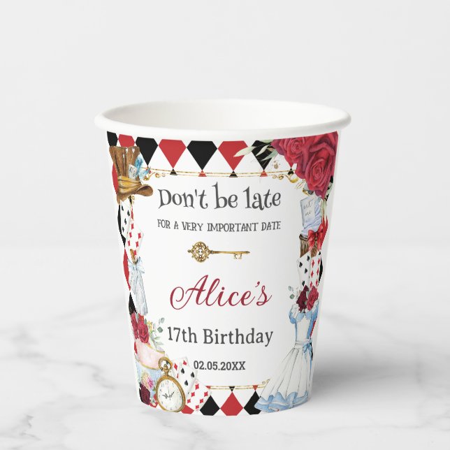 Gobelets En Papier Red Floral Alice au pays des merveilles Anniversai (Recto)