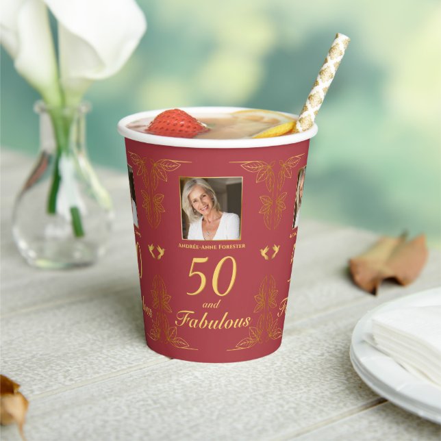 Gobelets En Papier Red Gold moderne 50 Fabuleux photo Anniversaire (Insitu)