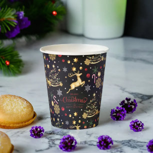 Gobelets En Papier Red Gold Reindeer Joyeux sapin de Noël