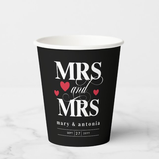 Gobelets En Papier Red Hearts Mrs & Mrs Lesbian Mariage Black (Recto)
