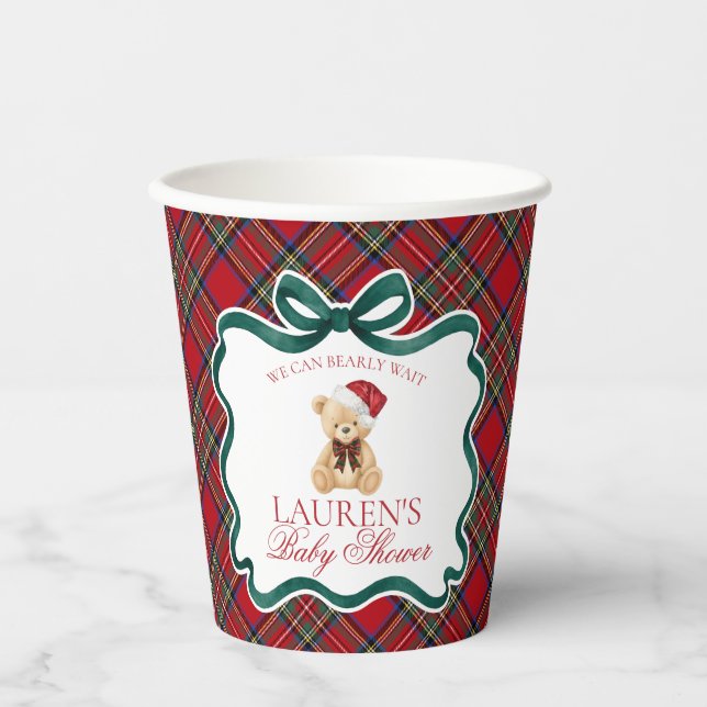 Gobelets En Papier Red Tartan Plaid Christmas Bear Baby Shower (Recto)