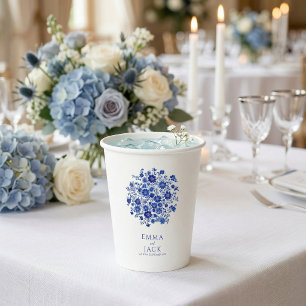 Gobelets En Papier Remerciement de mariage floral chinoiserie bleu po
