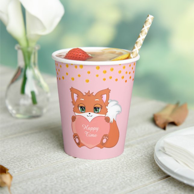 Gobelets En Papier Renard mignon & Confettis dorés sur fond rose (Insitu)