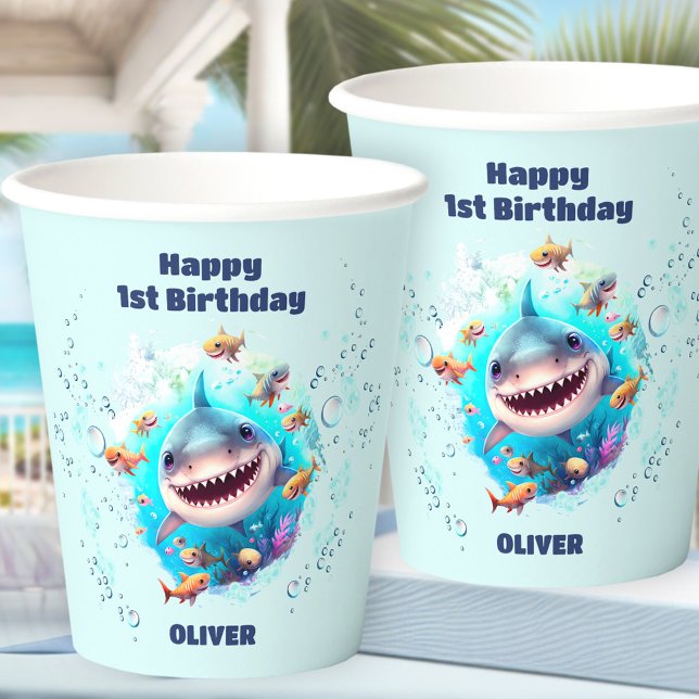 Gobelets En Papier Requin mignon 1er anniversaire garçon (Cute Shark 1st Birthday Boy Paper Cups)