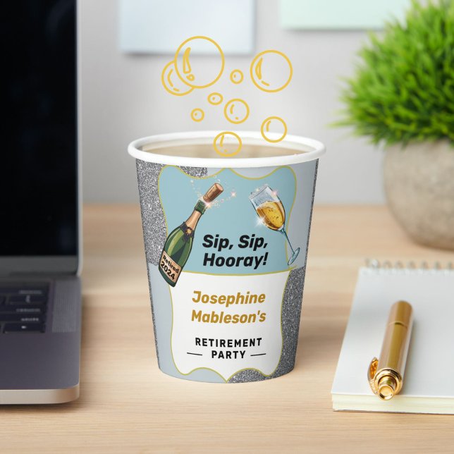 Gobelets En Papier Retraite, Sip Sip Hooray Champagne Design (Créateur téléchargé)