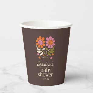 Gobelets En Papier Retro Boho Brown Fleur Baby shower Super Personnal