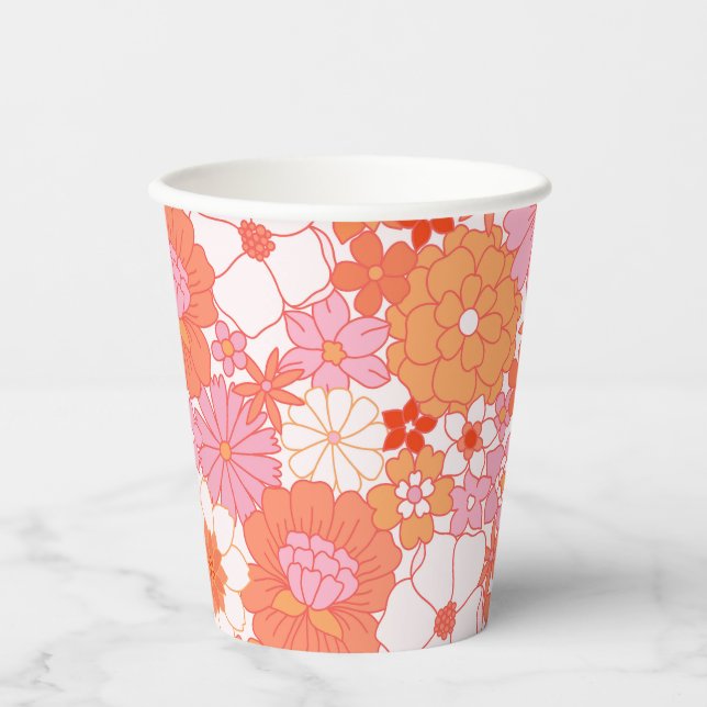 Gobelets En Papier Rétro Boho Fleurs Roses Orange Mignonnes (Recto)