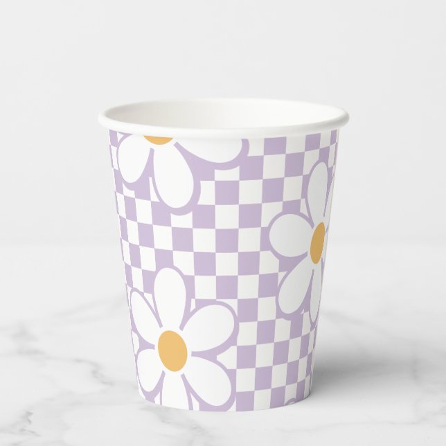 Gobelets En Papier Retro Checker Lilac Daisy anniversaire (Verso)