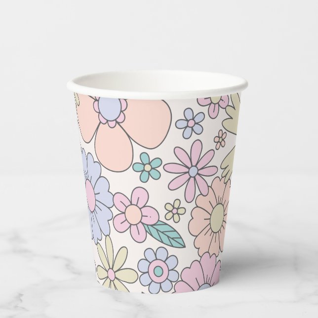 Gobelets en papier rétro floraux pour anniversaire (Recto)