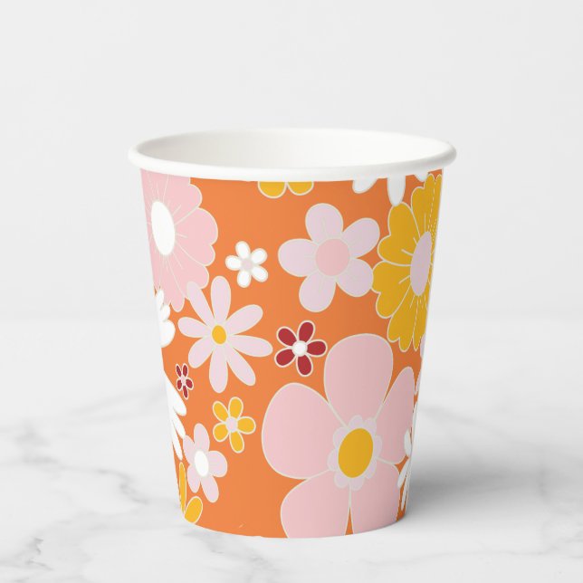 Gobelets en papier rétro floraux pour anniversaire (Verso)