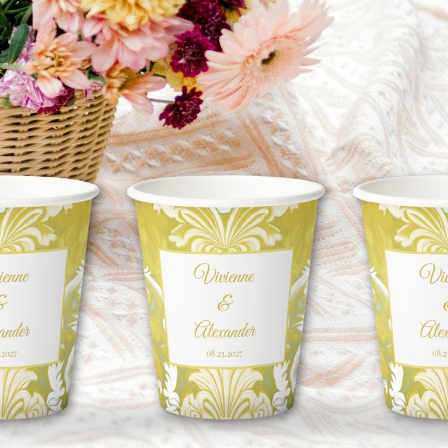 Gobelets En Papier Retro Gold Green Mariage damassé (Créateur téléchargé)