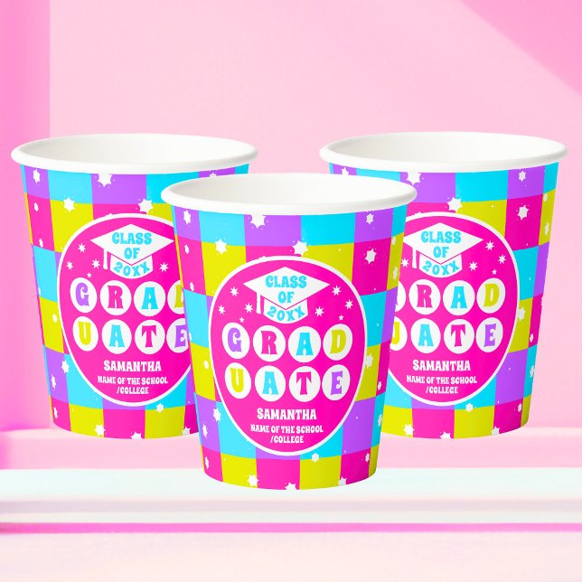 Gobelets En Papier Retro Neon Graduation Party (Créateur téléchargé)