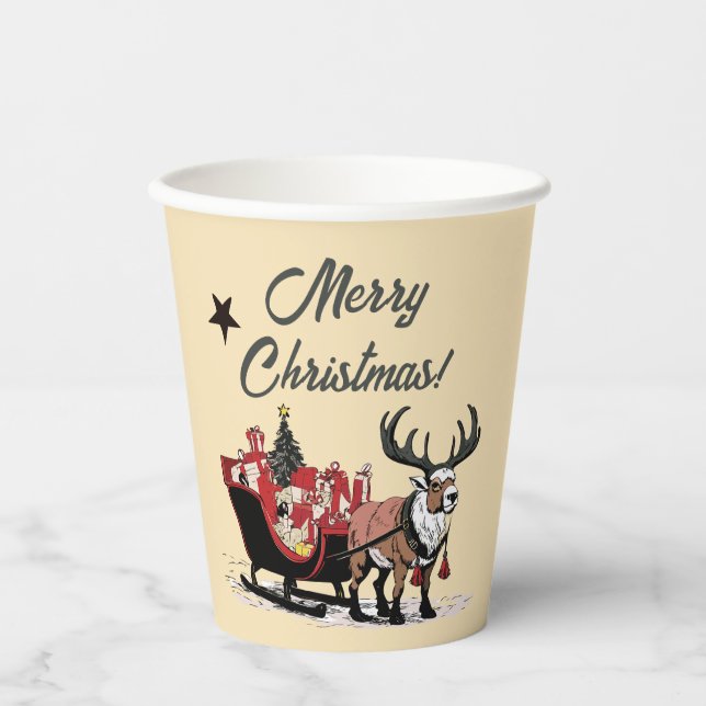 Gobelets En Papier Retro Père Noël Sleigh (Recto)