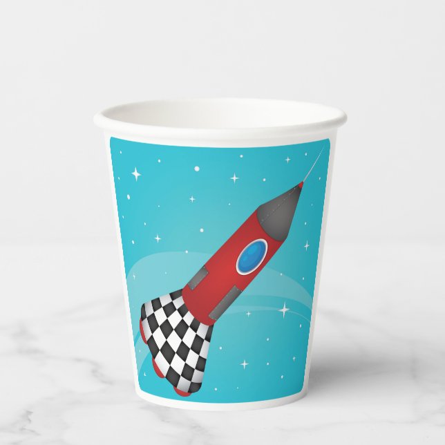 Gobelets En Papier Retro Red Rocket Ship in Space Galactic (Recto)