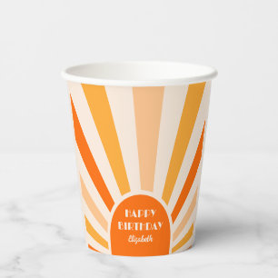 Gobelets En Papier Retro Sunburst Arch Typographie Anniversaire Pêche