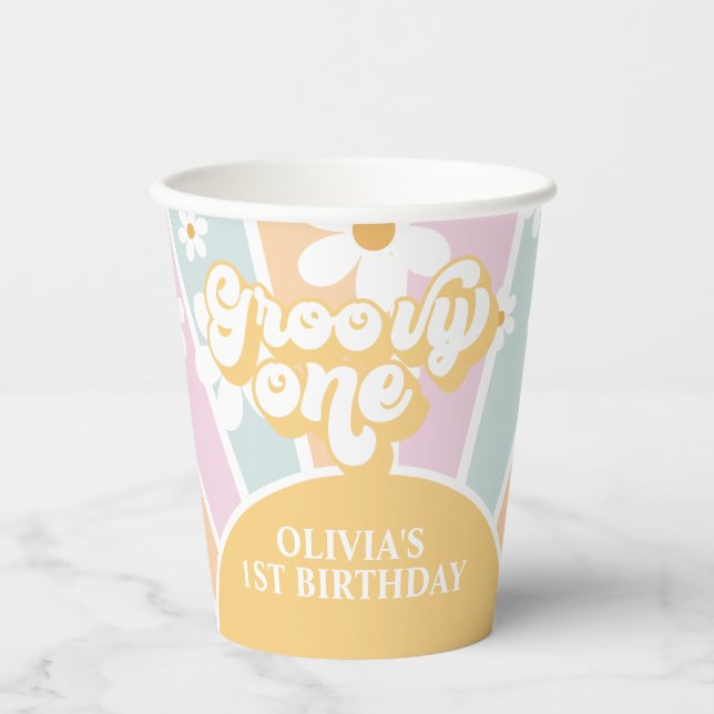 Gobelets En Papier Retro Sunshine Groovy Un anniversaire pastel Joyeu (Recto)