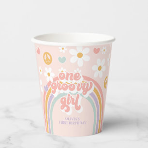 Gobelets En Papier Rétro Une Fille Groovy Arc-en-ciel 1er Anniversair