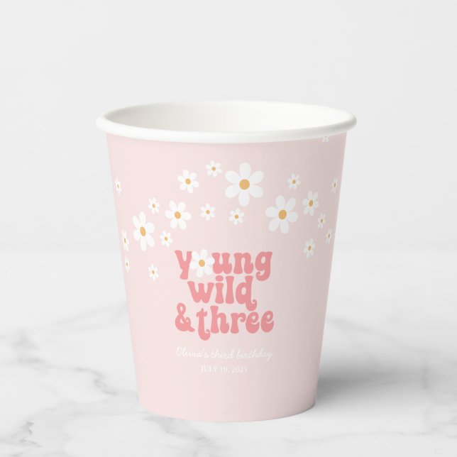 Gobelets En Papier Retro Young Wild Three daisy boho 3e anniversaire (Recto)