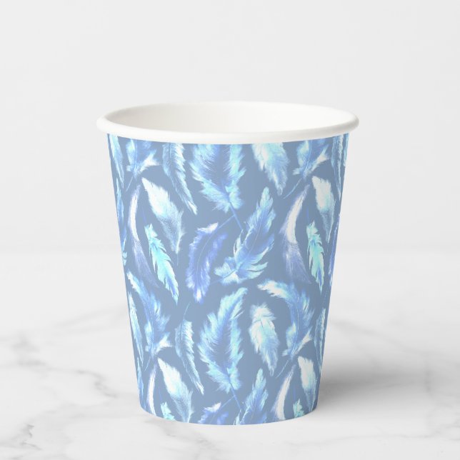 Gobelets En Papier rêves doux - plumes d'aquarelle bleu clair : (Recto)