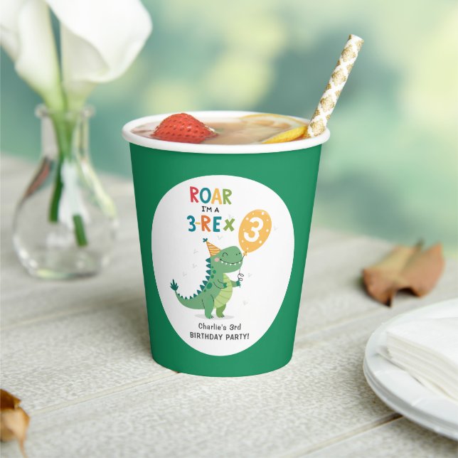 Gobelets En Papier Roar Je suis un 3-Rex Enfants Troisième fête d'ann (Insitu)
