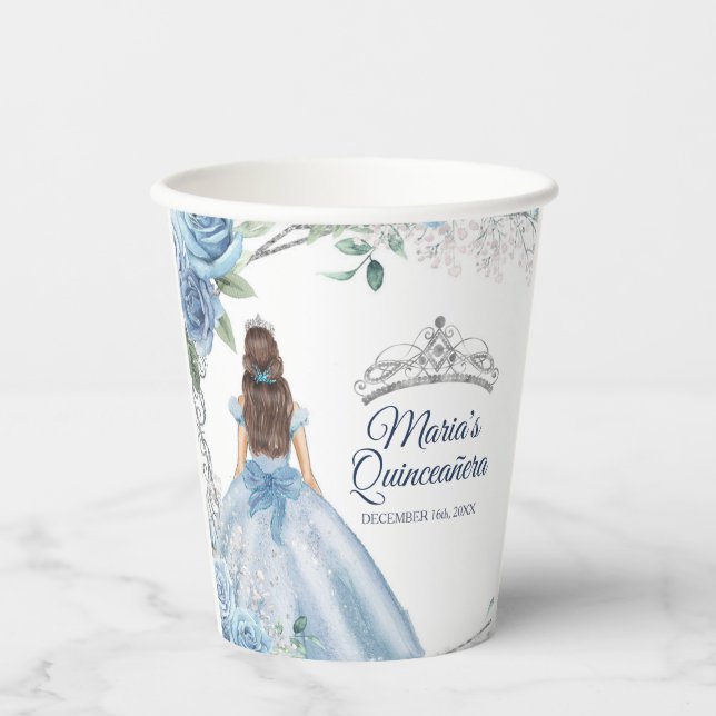 Gobelets En Papier Robe bleu Dusty Quinceañera Couronne Anniversaire (Recto)
