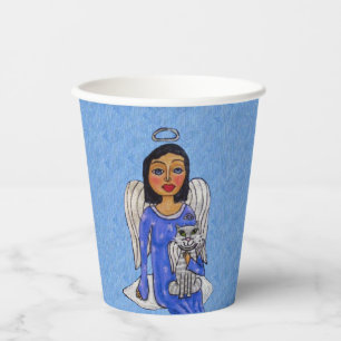 Gobelets En Papier Robe Bleue Angel tenant Blanc Ange Chat sur Nuage