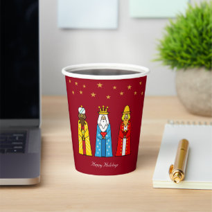 Gobelets En Papier Rois mages de Noël et étoiles dorées sur fond roug