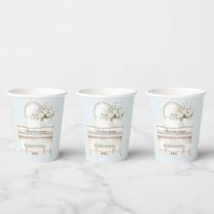 Gobelets En Papier Romantique Bleu rêve de vie Piano Roses Blanches M