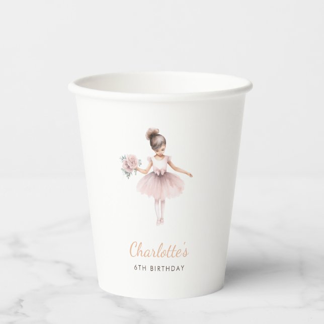 Gobelets En Papier Rose Ballerina Fille Anniversaire Fête Aquarelle (Recto)