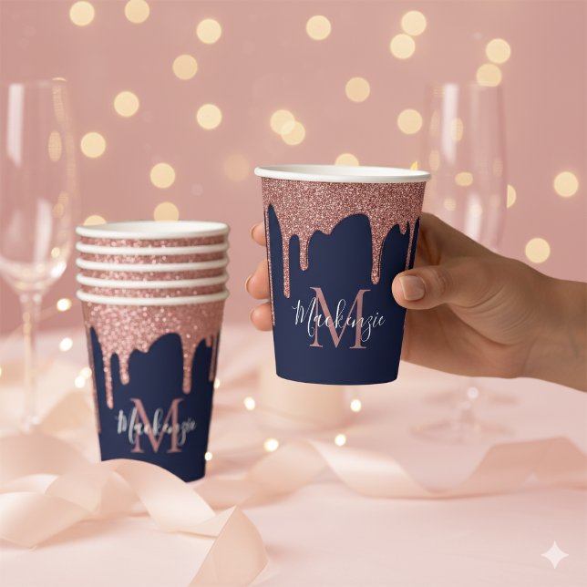 Gobelets En Papier Rose bleu marine Parties scintillant étincelante o (Navy Blue Rose Gold Dripping Glitter Monogram Paper Cups)