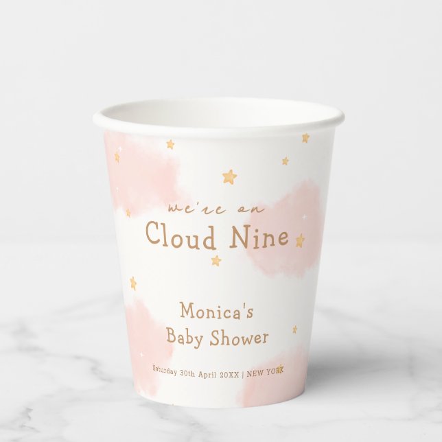 Gobelets En Papier Rose Cute Nuage Neuf Fille Douche bébé (Recto)