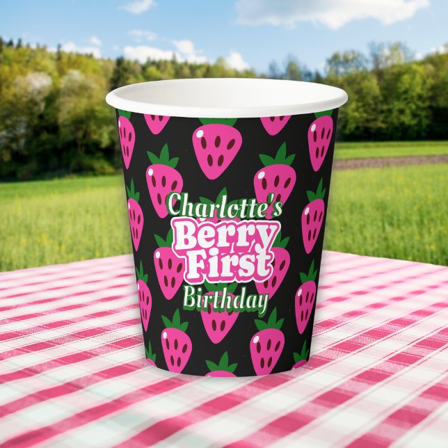 Gobelets En Papier Rose et Black Strawberry Berry Premier Anniversair (Créateur téléchargé)