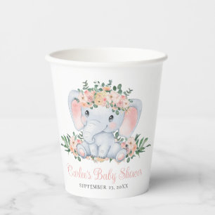 Gobelets En Papier Rose Floral mignon Eléphant bébé Baby shower fille