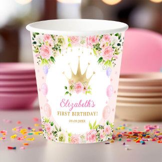 Gobelets En Papier Rose Floral Princess Crown 1er anniversaire