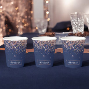 Gobelets En Papier Rose Gold et Bleu de Nuit Paillettes Monogramme