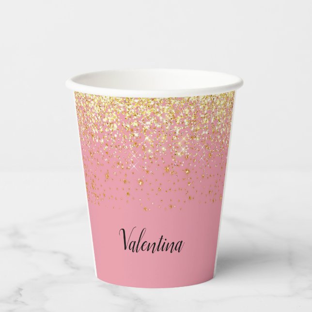 Gobelets En Papier Rose Gold Glitter Monogram Nom (Recto)