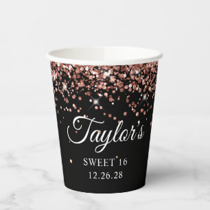 Gobelets En Papier Rose Gold Pailleté Noir Sweet 16