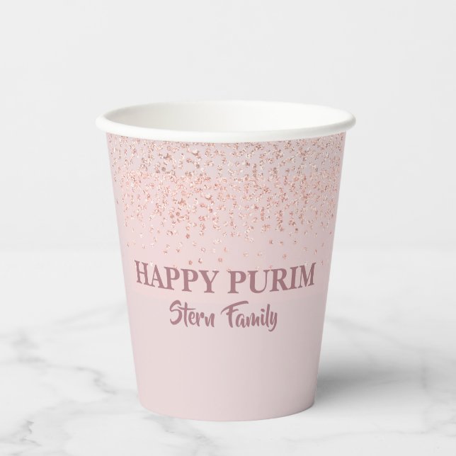 Gobelets En Papier Rose Gold Parties scintillant Happy Purim (Recto)