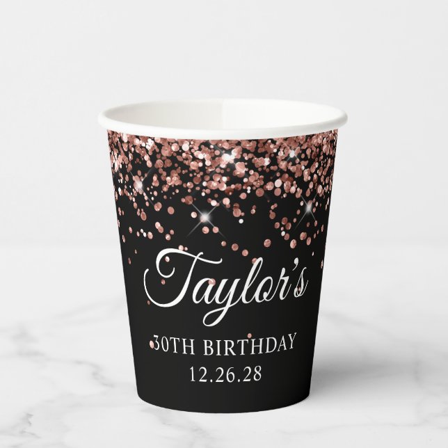 Gobelets En Papier Rose Gold Parties scintillant Noir 30e anniversair (Gauche)