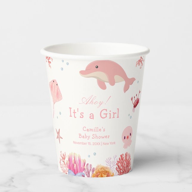 Gobelets En Papier Rose mignonne sous le Baby shower Dolphin de mer f (Recto)