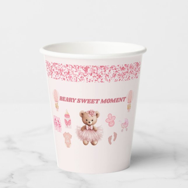 GOBELETS EN PAPIER ROSE PÂLE CONFETTI 250 ML OURS FILLE BABY SHOWER (Recto)