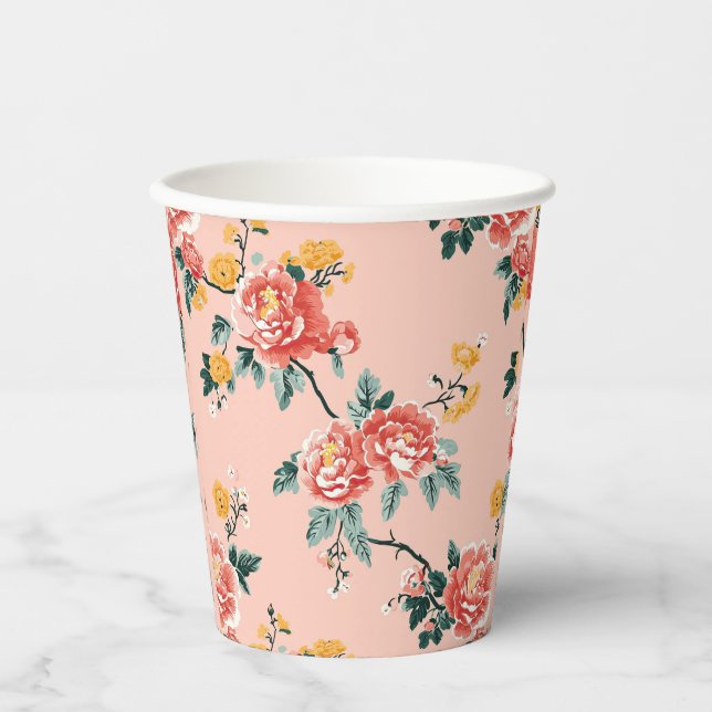 Gobelets En Papier Rose Pâle Floral Chinoise (Recto)