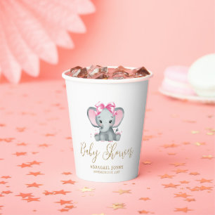 Gobelets En Papier Rose Pâle Or Eléphant Mignon Élégant Shower de Béb