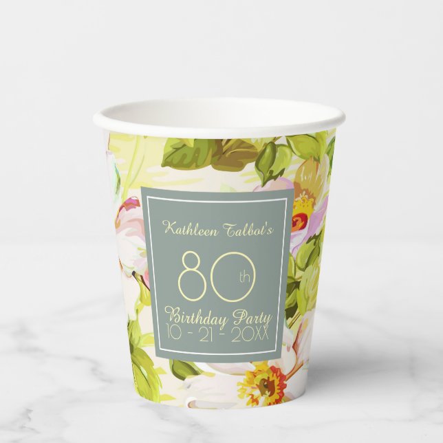 Gobelets En Papier Rose Peonies 80e anniversaire de la coupe de papie (Recto)