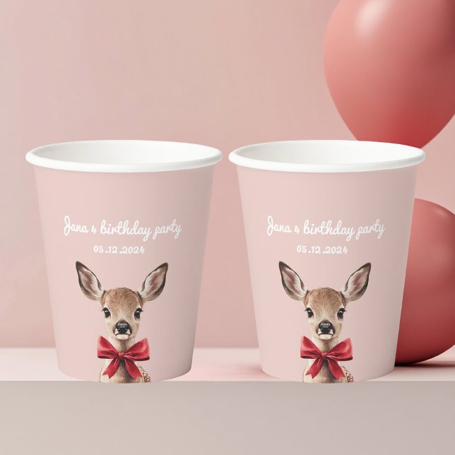 Gobelets En Papier Rose & Red Deer | Fête d'anniversaire de Woodland (Créateur téléchargé)