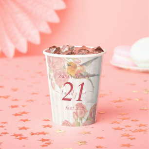 Gobelets En Papier Rose rose, Oiseau 21e Coupe d'anniversaire