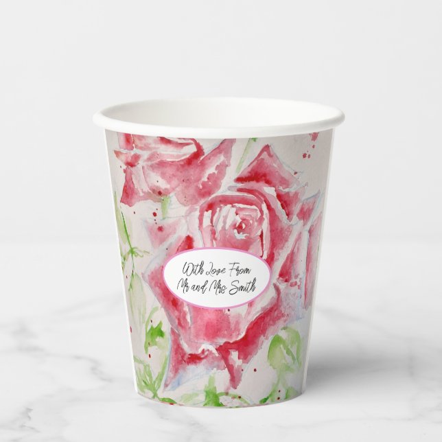 Gobelets En Papier Rose rouge motif de fleurs aquarelle mariage (Recto)