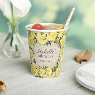 Gobelets En Papier Roses Florales Jaunes Paillettes Dorées Anniversai