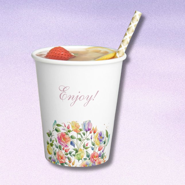 Gobelets En Papier Roses rose brillant Lilac Fête des mariées florale (Créateur téléchargé)