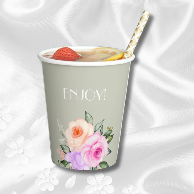 Gobelets En Papier Roses roses roses vertes Sage Fête des mariées flo (Créateur téléchargé)